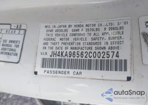 2002 Acura Rl 3.5 from USA, damaged, VIN JH4KA96562C002574